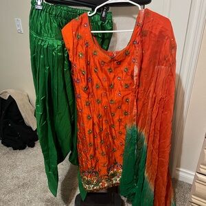 Vibrant Orange and Green Embroidered Outfit